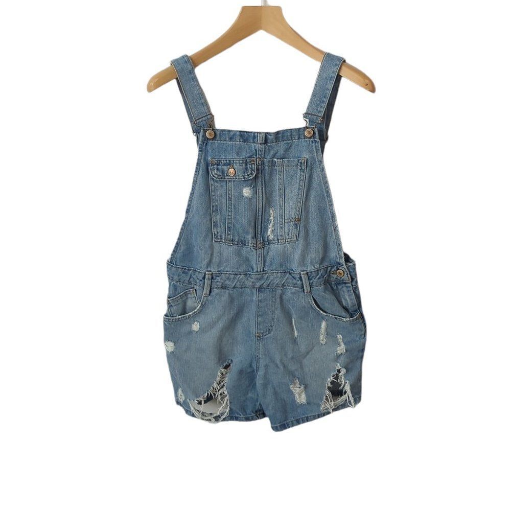 Zara Trafaluc Premium Wash Denim Overall Shorts